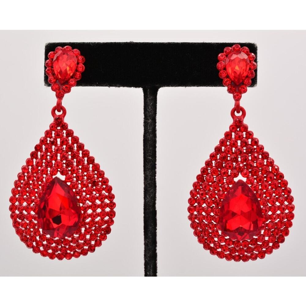 Vintage Crystal Dangle Earrings Bright Red Rhinestone Dangle Holiday Y2K BinAF